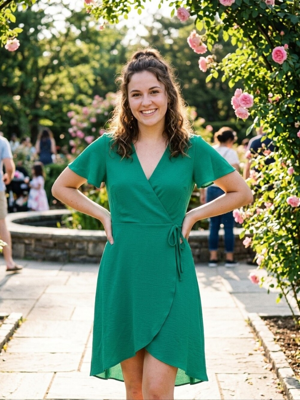 Monteau Emerald Green Wrap Midi Dress with Flutter Sleeves